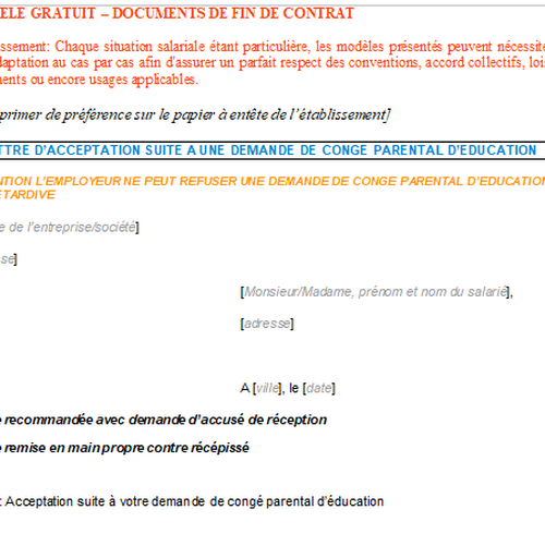 Expert-Comptable en ligne Modèle gratuit lettre d'acceptation suite à une demande de congé parental